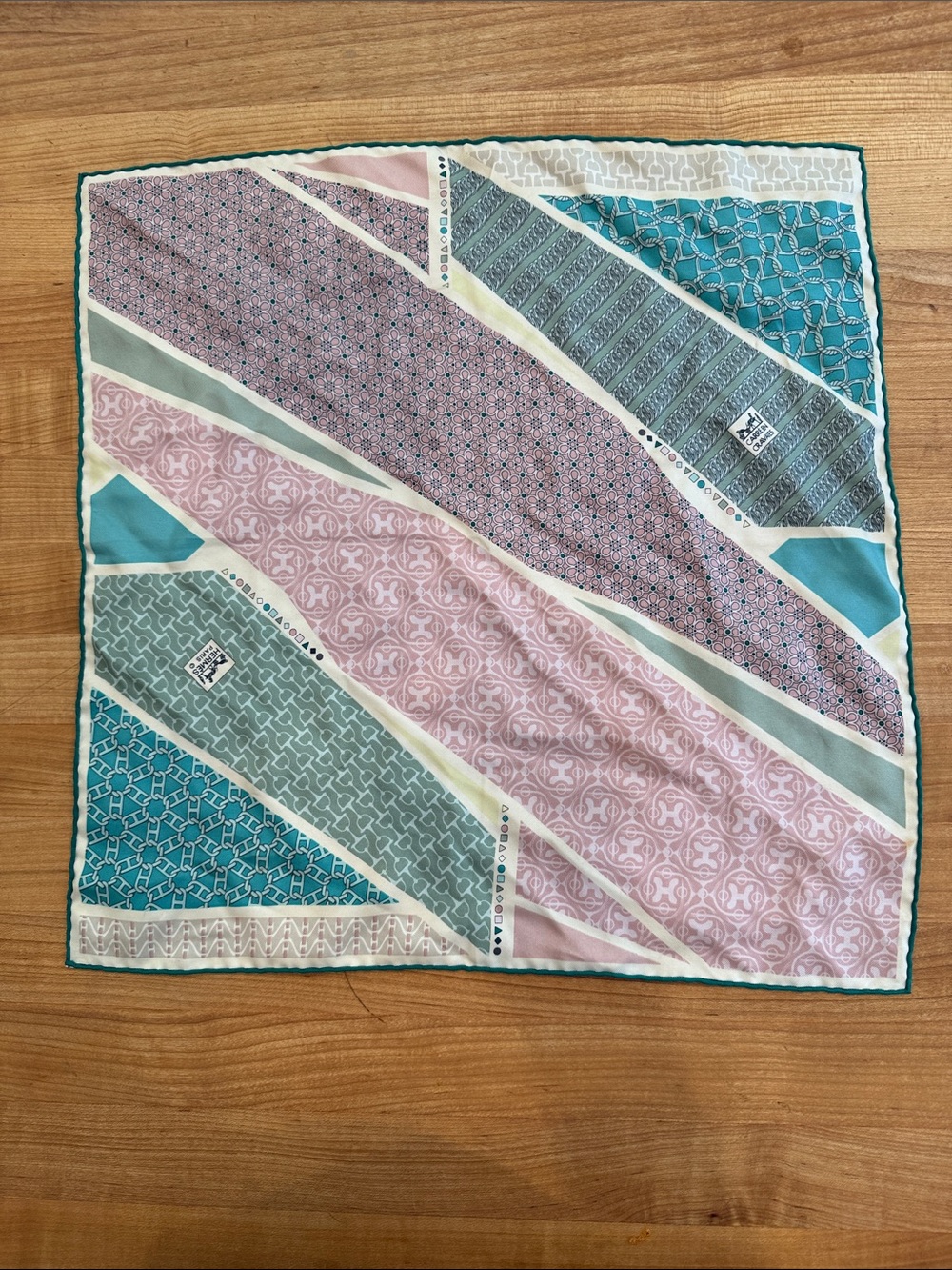 Hermes Geometric Print Pocket Square in Pink, Teal, and Green